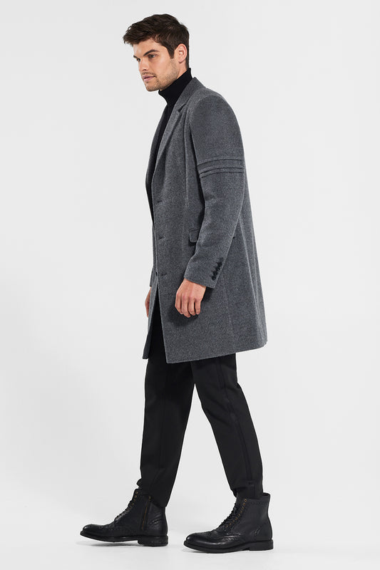 Sentaler Technical Baby Alpaca Notched Lapel Overcoat featured in Technical Baby Alpaca and available in Gravity Grey. Seen from side open.