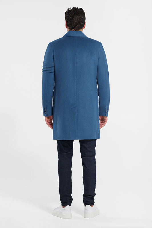 Sentaler Technical Baby Alpaca Notched Lapel Overcoat featured in Technical Baby Alpaca and available in Vintage Blue. Seen from back.