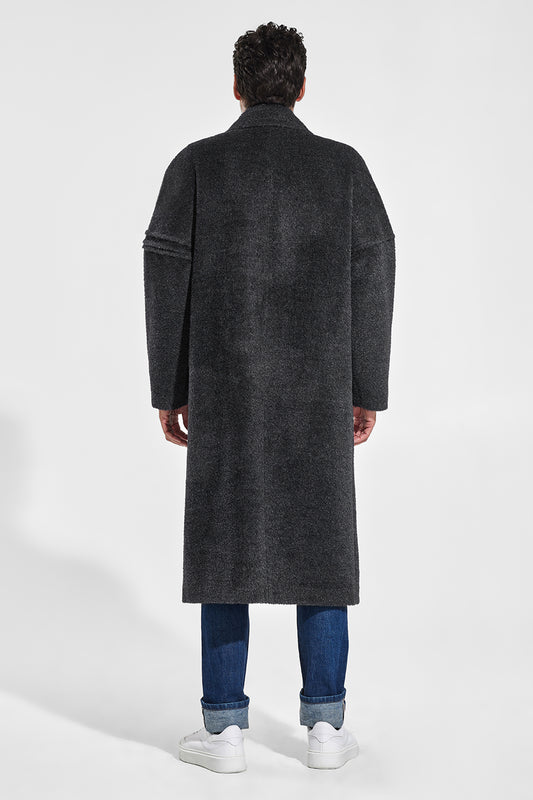 Sentaler Technical Bouclé Alpaca Robe Coat featured in Technical Bouclé Alpaca and available in Charcoal. Seen from back.