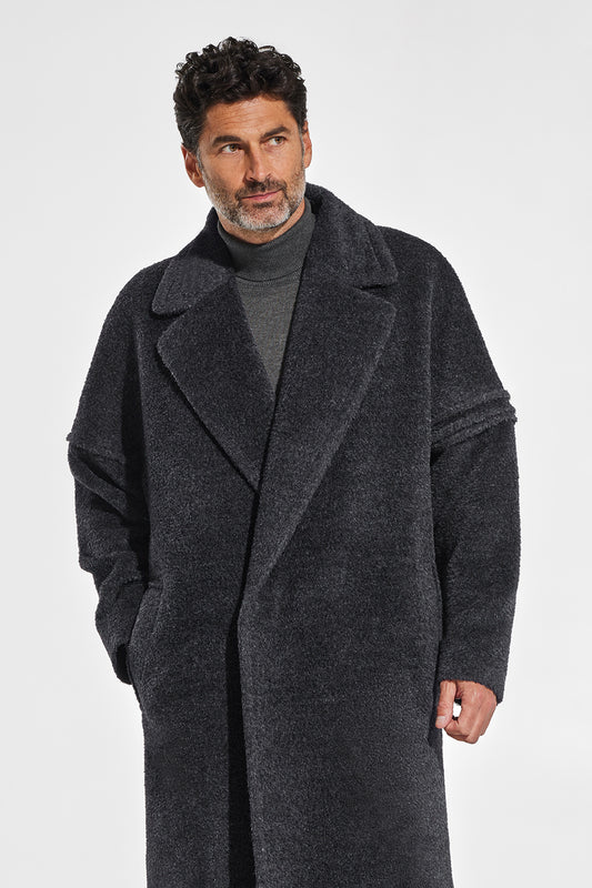 Sentaler Technical Bouclé Alpaca Robe Coat featured in Technical Bouclé Alpaca and available in Charcoal. Seen from front above the knees.