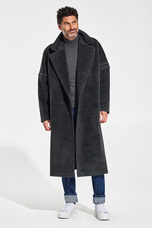 Sentaler Technical Bouclé Alpaca Robe Coat featured in Technical Bouclé Alpaca and available in Charcoal. Seen from front open.
