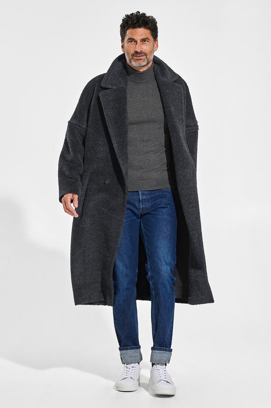 Sentaler Technical Bouclé Alpaca Robe Coat featured in Technical Bouclé Alpaca and available in Charcoal. Seen from front open.