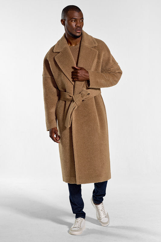 Sentaler Technical Bouclé Alpaca Robe Coat featured in Technical Bouclé Alpaca and available in Dark Camel. Seen from front belted on model.