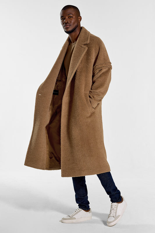 Sentaler Technical Bouclé Alpaca Robe Coat featured in Technical Bouclé Alpaca and available in Dark Camel. Seen from side open on model.