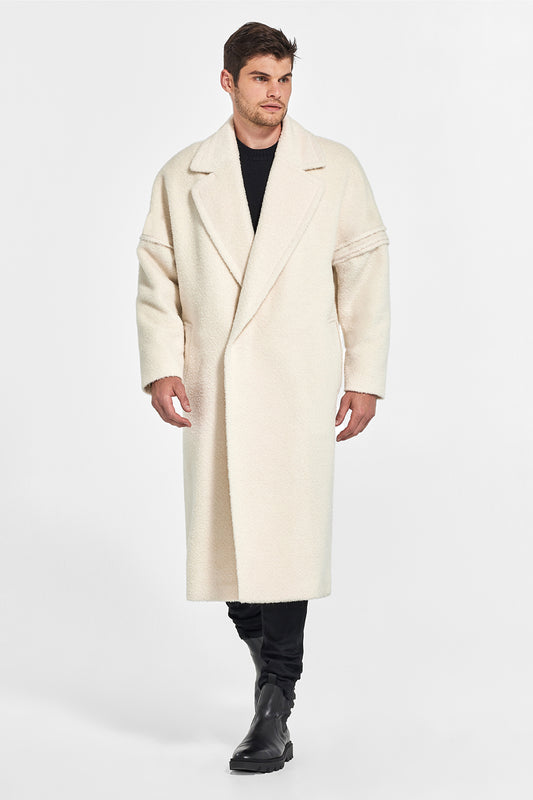 Sentaler Technical Bouclé Alpaca Robe Coat featured in Technical Bouclé Alpaca and available in Ivory. Seen from front.