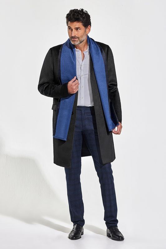 Sentaler Double Sided Suri Alpaca Scarf featured in Suri Alpaca and available in Black-Blue. Seen from front on model.