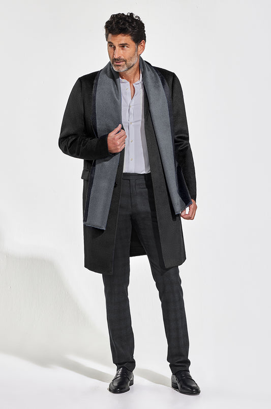 Sentaler Technical Suri Alpaca Notched Lapel Overcoat featured in Technical Suri Alpaca and available in Black with Double Sided Suri Alpaca Scarf in Black/Charcoal. Seen from front open on model.