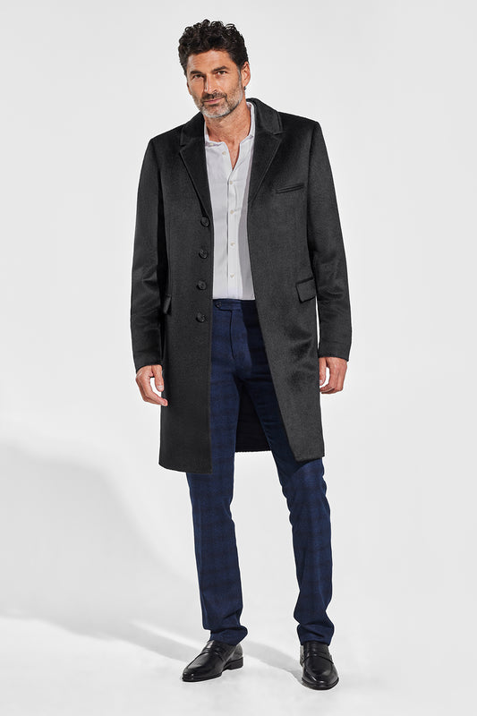 Sentaler Technical Suri Alpaca Notched Lapel Overcoat featured in Technical Suri Alpaca and available in Black. Seen from front open on model.