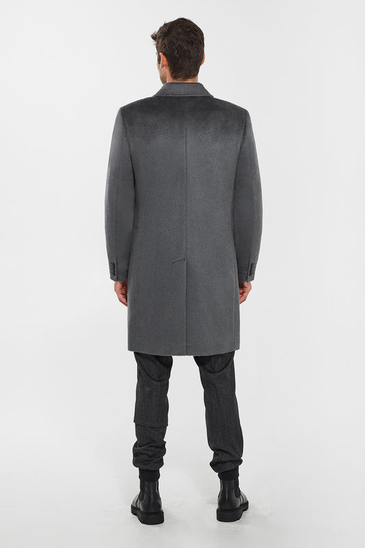 Sentaler Technical Suri Alpaca Notched Lapel Overcoat featured in Technical Suri Alpaca and available in Bold Graphite. Seen from back.