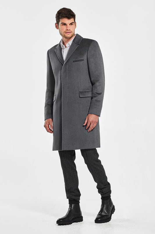 Sentaler Technical Suri Alpaca Notched Lapel Overcoat featured in Technical Suri Alpaca and available in Bold Graphite. Seen from side.