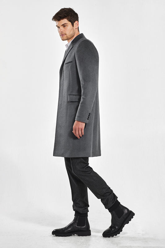 Sentaler Technical Suri Alpaca Notched Lapel Overcoat featured in Technical Suri Alpaca and available in Bold Graphite. Seen from side.