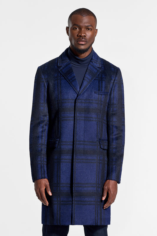 Sentaler Technical Suri Alpaca Notched Lapel Overcoat featured in Technical Suri Alpaca and available in Navy Plaid. Seen from front above the knees on model.