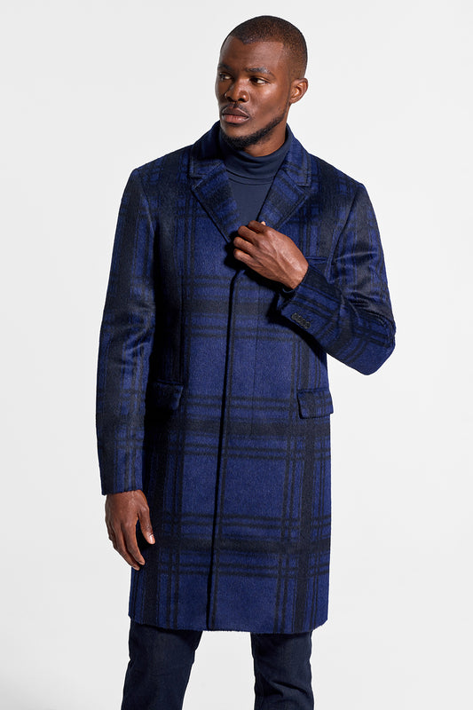 Sentaler Technical Suri Alpaca Notched Lapel Overcoat featured in Technical Suri Alpaca and available in Navy Plaid. Seen from front on model.