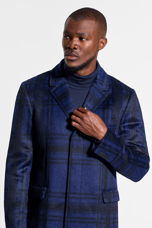 Sentaler Technical Suri Alpaca Notched Lapel Overcoat featured in Technical Suri Alpaca and available in Navy Plaid. Seen from front close up on model.