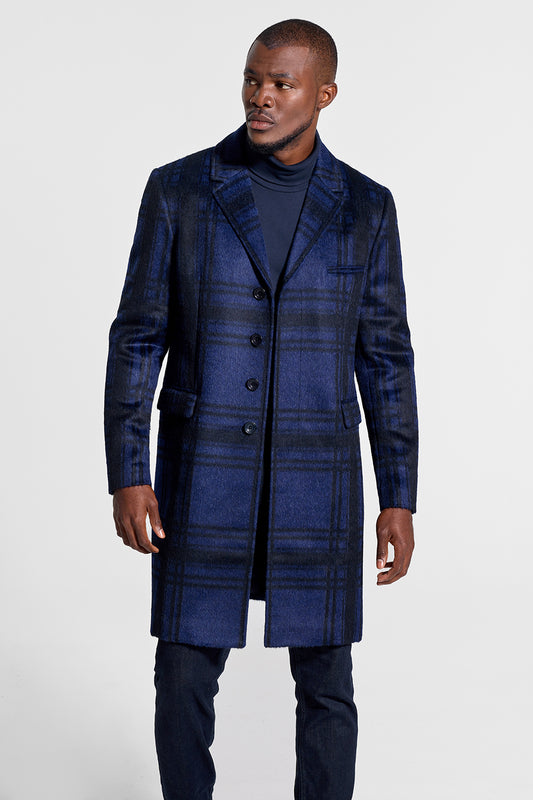 Sentaler Technical Suri Alpaca Notched Lapel Overcoat featured in Technical Suri Alpaca and available in Navy Plaid. Seen from front open on model.