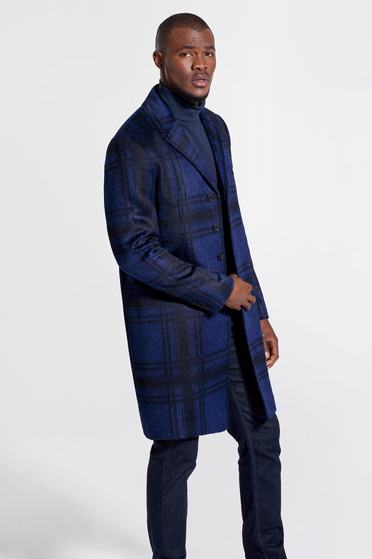 Sentaler Technical Suri Alpaca Notched Lapel Overcoat featured in Technical Suri Alpaca and available in Navy Plaid. Seen from side open on model.