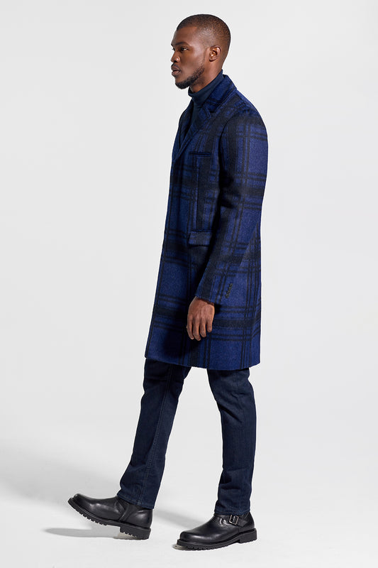 Sentaler Technical Suri Alpaca Notched Lapel Overcoat featured in Technical Suri Alpaca and available in Navy Plaid. Seen from side on model.