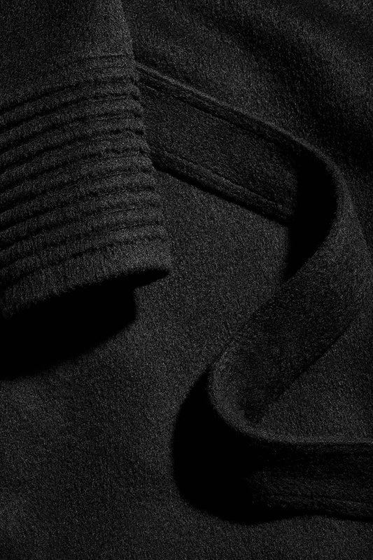 Sentaler Long Wide Shawl Collar Wrap Coat featured in Baby Alpaca and available in Black. Seen fabric up close.
