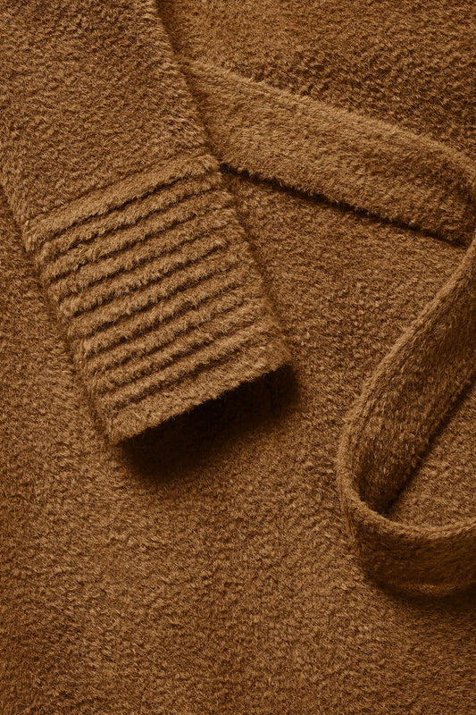 Sentaler Bouclé Alpaca Long Oversized Notched Collar Coat featured in Bouclé Alpaca and available in Caramel Café. Seen fabric up close.