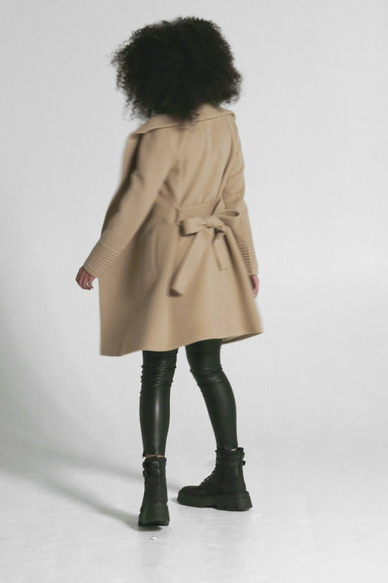 Sentaler Mid Length Shawl Collar Wrap Coat featured in Baby Alpaca and available in Camel. Seen as product video.