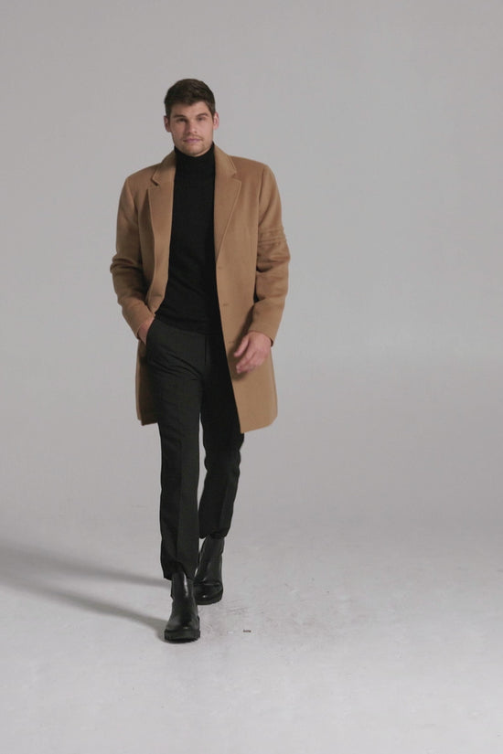 Sentaler Technical Baby Alpaca Notched Lapel Overcoat featured in Technical Baby Alpaca and available in Dark Camel. Seen as product video.